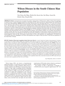 Wilson Disease in the South Chinese Han Population Nan Cheng, Kai Wang, Wenbin Hu, Daoyin Sun, Xun Wang, Jiyuan Hu, Renmin Yang, Yongzhu Han