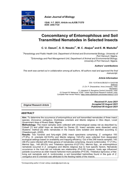 Concomitancy of Entomophilous and Soil Transmitted Nematodes in Selected Insects