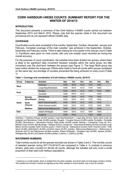 Cork Harbour I-Webs Counts: Summary Report for the Winter of 2014/15