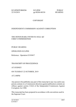 ECLIPSEPUB00286 ECLIPSE PUBLIC 22/10/2019 Pp 00286-00330 HEARING COPYRIGHT INDEPENDENT COMMISSION AGAINST CORRUPTION the HONOURA