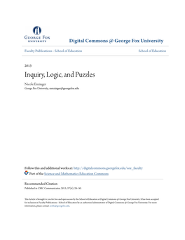 Inquiry, Logic, and Puzzles Nicole Enzinger George Fox University, Nenzinger@Georgefox.Edu