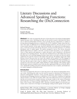 Literary Discussions and Advanced Speaking Functions: Researching the (Dis)Connection