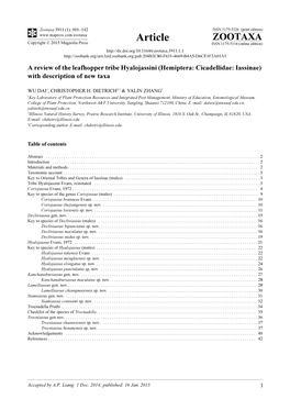 A Review of the Leafhopper Tribe Hyalojassini (Hemiptera: Cicadellidae: Iassinae) with Description of New Taxa