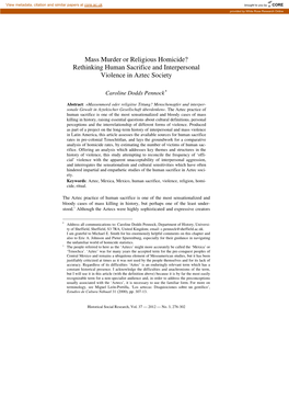 Mass Murder Or Religious Homicide? Rethinking Human Sacrifice and Interpersonal Violence in Aztec Society