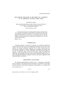 Relativistic Equation of the Orbit of a Particle in an Arbitrary Central Force Field