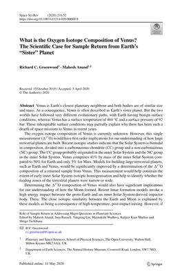 What Is the Oxygen Isotope Composition of Venus? the Scientiﬁc Case for Sample Return from Earth’S “Sister” Planet