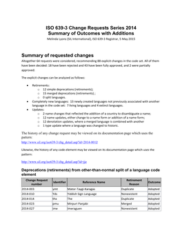 ISO 639-3 Change Requests Series 2014 Summary of Outcomes with Additions Melinda Lyons (SIL International), ISO 639-3 Registrar, 5 May 2015