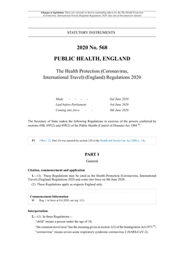 The Health Protection (Coronavirus, International Travel) (England) Regulations 2020