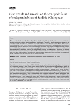 New Records and Remarks on the Centipede Fauna of Endogean Habitats of Sardinia (Chilopoda)*