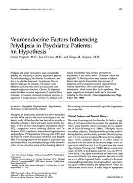 Neuroendocrine Factors Influencing Polydipsia in Psychiatric Patients: an Hypothesis Cherian Verghese, M.D., Jose De Leon, M.D., and George M