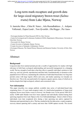 Long-Term Mark-Recapture and Growth Data for Large-Sized Migratory Brown Trout (Salmo Trutta) from Lake Mjøsa, Norway