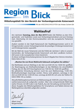 Region Im Blick“ Öffentlich Montag, 01.07.2019 Bekannt Gemacht.“ Bei Der Verbandsgemeindeverwaltung Kaisersesch, Am Römerturm 2, Abstimmungsergebnis: Einstimmig