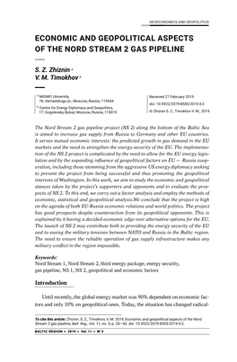 Economic and Geopolitical Aspects of the Nord Stream 2 Gas Pipeline