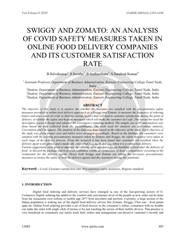 Swiggy and Zomato: an Analysis of Covid Safety Measures Taken in Online Food Delivery Companies and Its Customer Satisfaction Rate