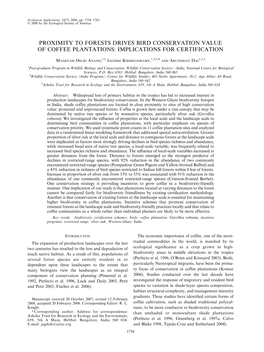 Proximity to Forests Drives Bird Conservation Value of Coffee Plantations: Implications for Certification