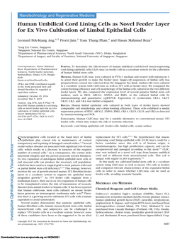 Human Umbilical Cord Lining Cells As Novel Feeder Layer for Ex Vivo Cultivation of Limbal Epithelial Cells