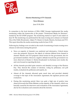 Election Monitoring of TV Channels News Releases June 15-30, 2014