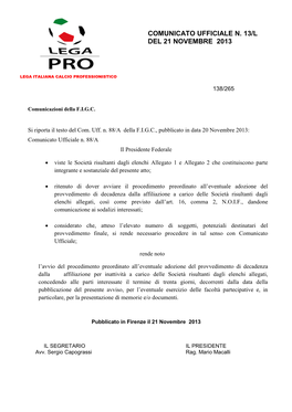 Comunicato Ufficiale N. 13/L Del 21 Novembre 2013