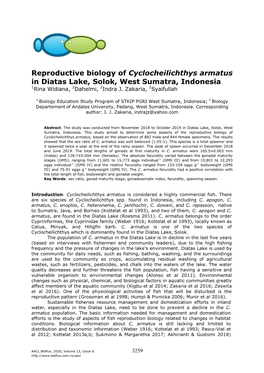 Reproductive Biology of Cyclocheilichthys Armatus in Diatas Lake, Solok, West Sumatra, Indonesia 1Rina Widiana, 2Dahelmi, 2Indra J
