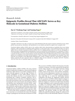 Research Article Epigenetic Profiles Reveal That ADCYAP1 Serves As Key Molecule in Gestational Diabetes Mellitus