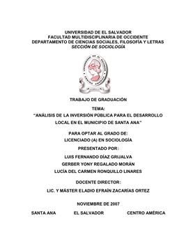 Universidad De El Salvador Facultad Multidisciplinaria De Occidente Departamento De Ciencias Sociales, Filosofía Y Letras Sección De Sociología