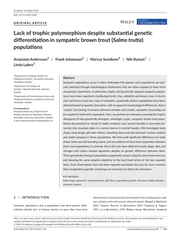 Lack of Trophic Polymorphism Despite Substantial Genetic Differentiation in Sympatric Brown Trout (Salmo Trutta) Populations