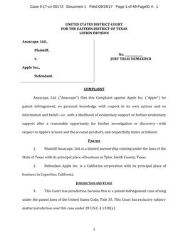 Case 9:17-Cv-00173 Document 1 Filed 09/29/17 Page 1 of 49 Pageid #: 1