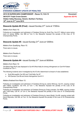 Stewards Update #6 (Final) - Issued Sunday 21St June at 1730Hrs