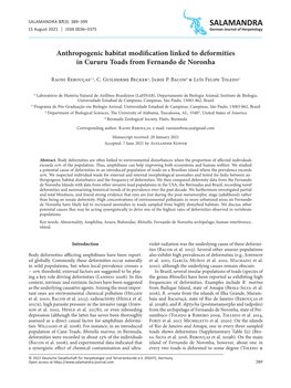 Anthropogenic Habitat Modification Linked to Deformities in Cururu Toads from Fernando De Noronha