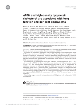 APOM and High-Density Lipoprotein Cholesterol Are Associated with Lung Function and Per Cent Emphysema