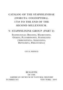 Catalog of the Staphylinidae (Insecta: Coleoptera)