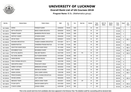 UNIVERSITY of LUCKNOW Overall Rank List of UG Courses-2018 Program Name: B.Sc