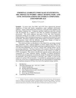 Criminal Liability for False Statements: 1001 Things to Worry About During Ferc and Cftc Investigations of Energy Companies and Individuals