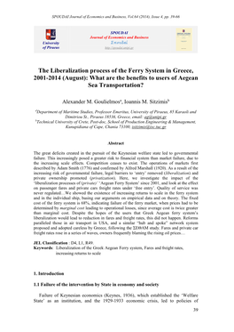 The Liberalization Process of the Ferry System in Greece, 2001-2014 (August): What Are the Benefits to Users of Aegean Sea Transportation?