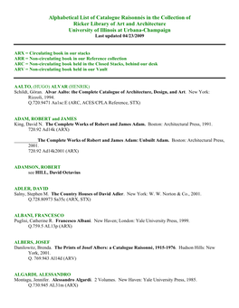 Alphabetical List of Catalogue Raisonnés in the Collection Of