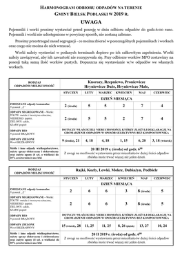 Harmonogram Odbioru Odpadów Na Terenie Gminy Bielsk Podlaski W 2019 R