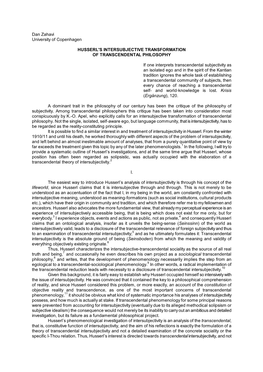 Dan Zahavi University of Copenhagen HUSSERL's INTERSUBJECTIVE TRANSFORMATION of TRANSCENDENTAL PHILOSOPHY If One Interprets