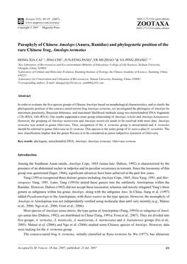 Zootaxa,Paraphyly of Chinese Amolops (Anura, Ranidae) and Phylogenetic Position of The