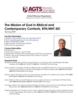 The Mission of God in Biblical and Contemporary Contexts, BTH/MHT 501 Spring 2020