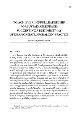 To Achieve Mindful Leadership for Sustainable Peace: Suggesting a Buddhist Way of Josaseon (Patriarchal Zen) Practice