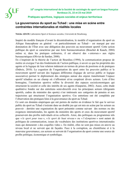 La Gouvernance Du Sport Au Tchad : Une Mise En Scène Entre Contraintes Internationales Et Réalités Locales