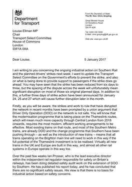 Letter from Chris Grayling to Louise Ellman Regarding Southern Rail Strike