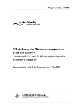 129. Änderung Des Flächennutzungsplans Der Stadt Bad Salzuflen „Konzentrationszonen Für Windenergieanlagen Im Gesamten Stadtgebiet"