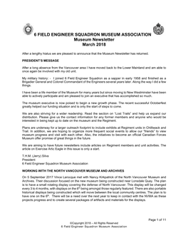 6 FIELD ENGINEER SQUADRON MUSEUM ASSOCIATION Museum Newsletter March 2018