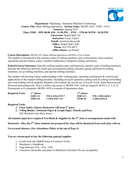 SYLLABUS MCHN 1413 Basic Milling Operations 15 SP