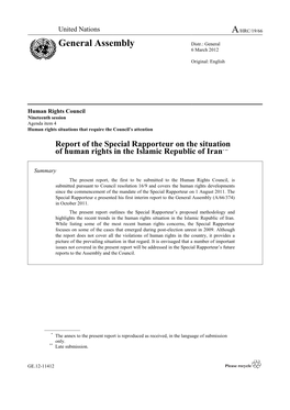 Report of the Special Rapporteur on the Situation of Human Rights in the Islamic Republic of Iran* **