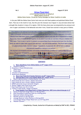 Orissa Flood Alert a Civil Society Initiative on Behalf of Odisha Water Forum & Odisha State Center, Forum for Policy Dialogue on Water Conflicts in India