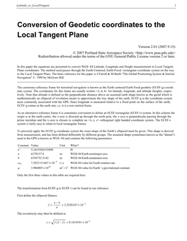 Conversion of Geodetic Coordinates to the Local Tangent Plane