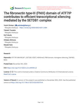 (FNIII) Domain of ATF7IP Contributes to E Cient Transcriptional Silencing Mediated by the SETDB1 Complex