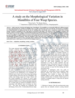 A Study on the Morphological Variation in Mandibles of Four Wasp Species. [1]Kiran Vati K., [2]K